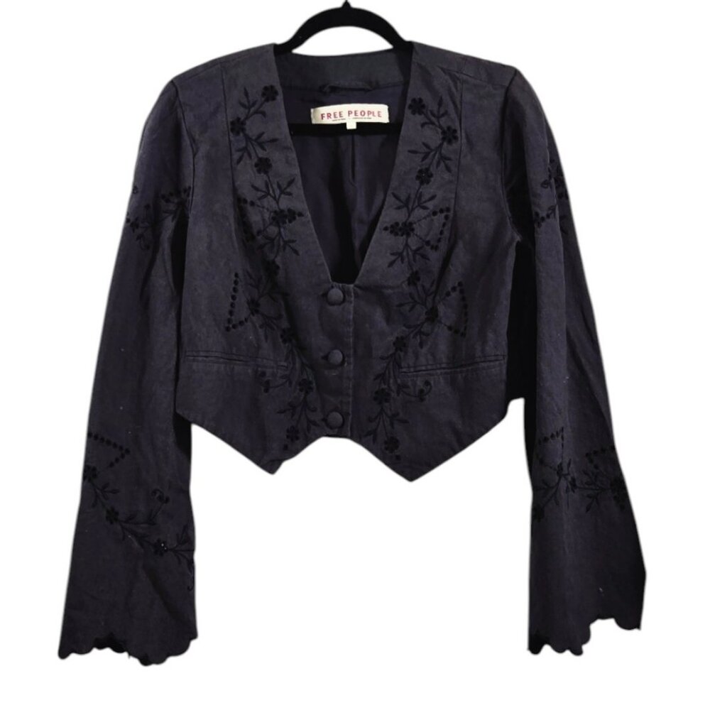 Free People Large Women's Bolero Jacket Flared Long Sleeve Eyelet Black Cropped